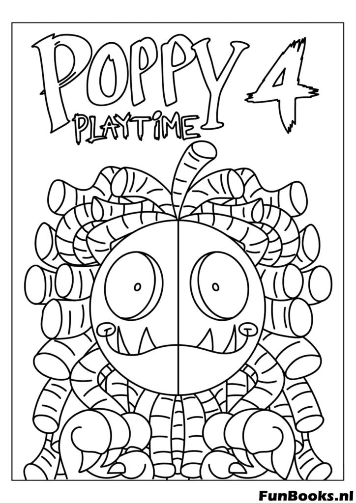 Chibi stijl Yarnaby personage zittend onder het Poppy Playtime 4 logo kleurplaat