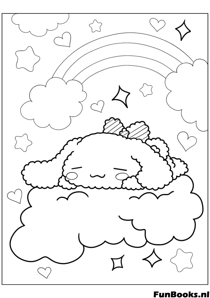 Nahaufnahme von Cinnamoroll der auf einer flauschigen Wolke schläft und träumt Ausmalbild