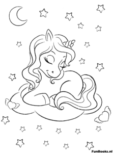 Friedliches Einhorn schläft auf einer Wolke und träumt mit Mond und Sternen Hintergrund Ausmalbild