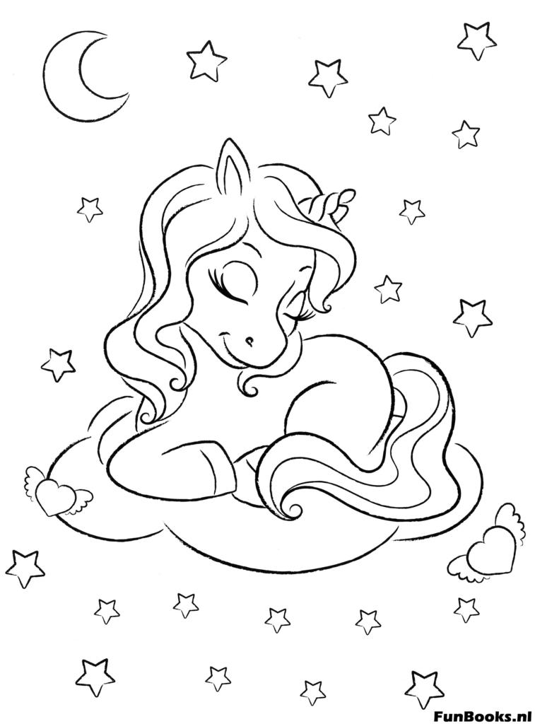 Friedliches Einhorn schläft auf einer Wolke und träumt mit Mond und Sternen Hintergrund Ausmalbild