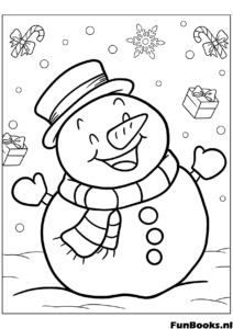 Fröhlicher Schneemann trägt einen formellen Zylinder und Schal winkende Hand Ausmalbild