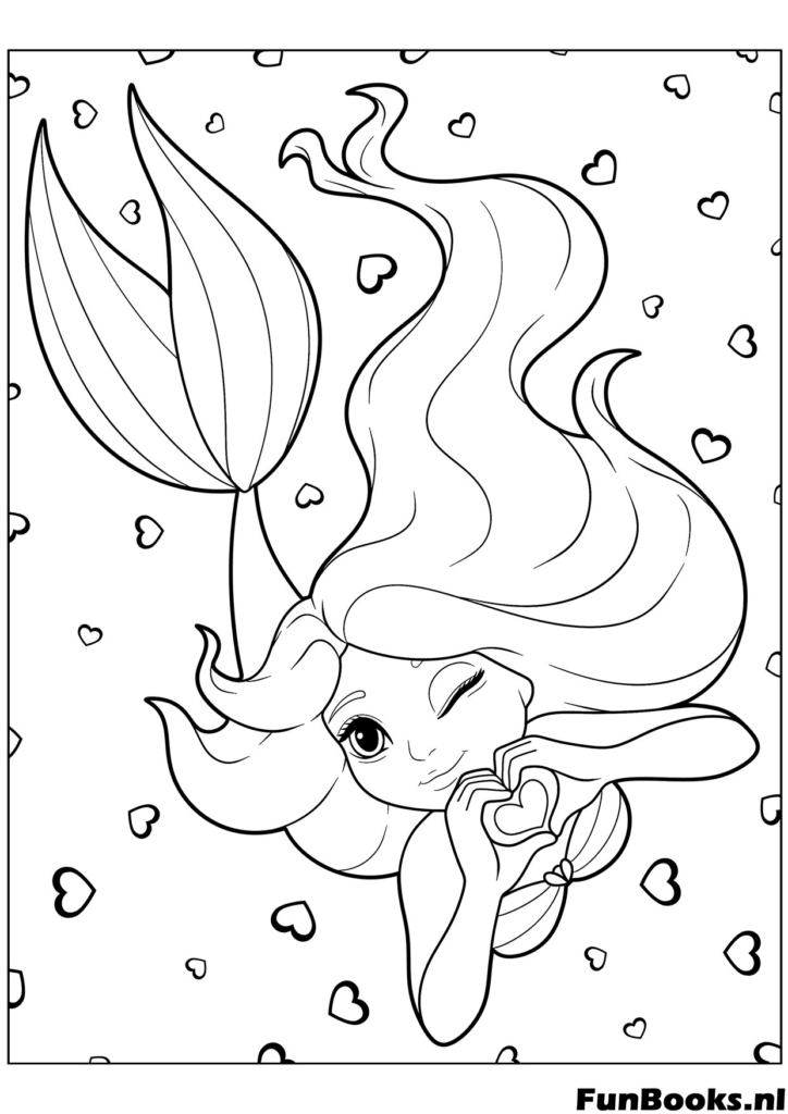 Linda sirenita nadando bajo el agua sosteniendo un corazón de amor dibujo para colorear de fantasía para el Día de la Madre