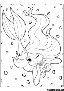 Mignonne petite sirène nageant sous l'eau tenant un cœur d'amour coloriage fantaisie pour la Fête des Mères