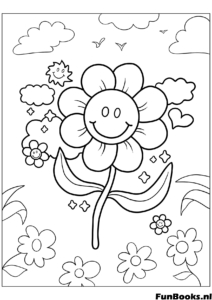 Happy flower character with a sun face growing in the garden simple coloring page