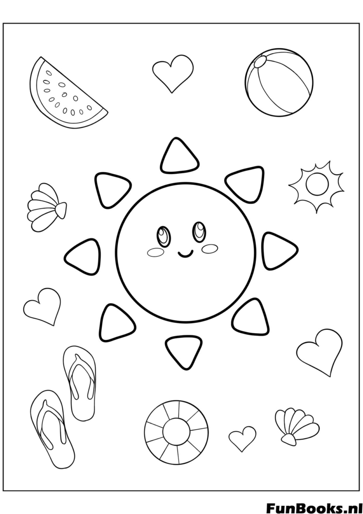 Happy sun surrounded by summer items like ice cream flip flops and shells coloring page