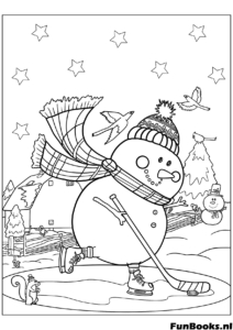 Actieve sneeuwpop speelt ijshockey met een stick en puck grappige wintersport kleurplaat