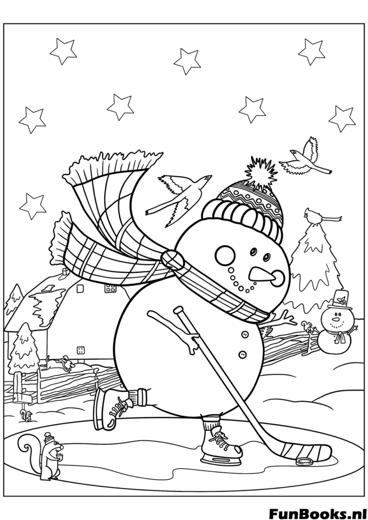 Actieve sneeuwpop speelt ijshockey met een stick en puck grappige wintersport kleurplaat