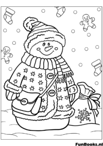 Classic snowman holding a broomstick wearing a knit hat and scarf winter tradition coloring page