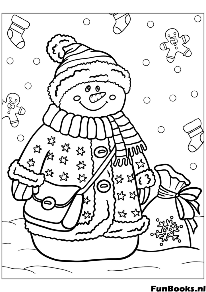 Classic snowman holding a broomstick wearing a knit hat and scarf winter tradition coloring page