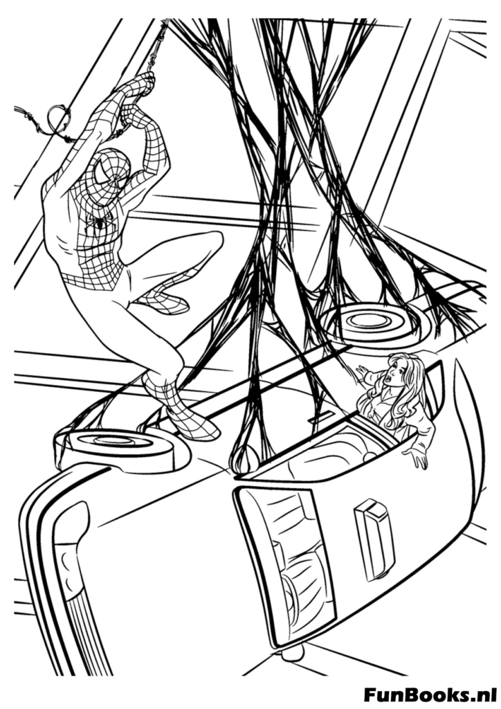 Plan d'action dynamique de Spider-Man se balançant dans les airs tirant des toiles coloriage