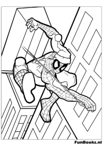 Spider-Man se balançant sur une toile avec des gratte-ciel en arrière-plan coloriage