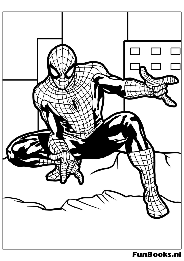 Spider-Man sticking to a wall ready to climb up coloring page