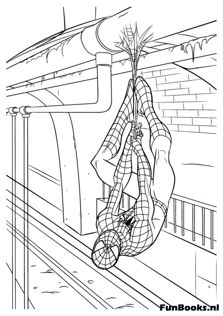 Spider-Man colgando boca abajo de una telaraña en la ciudad dibujo para colorear
