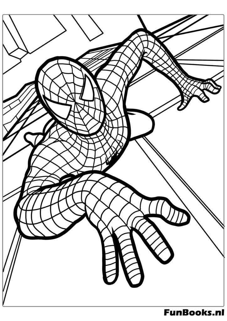Spider-Man crawling head first down a wall looking for danger coloring page