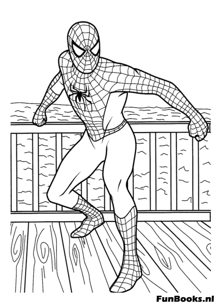 Spider-Man faisant le guet sur un balcon en bois ou un pont coloriage