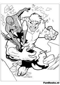 Action scene of Spider-Man battling a lizard creature villain coloring page