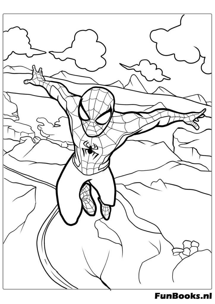 Spider-Man springt hoch in den Himmel mit Wolken im Hintergrund Ausmalbild