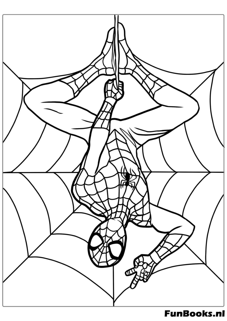 Klassieke pose van Spider-Man die ondersteboven aan zijn spinnenweb hangt kleurplaat