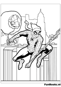 Realistische Spider-Man hurkend op de rand van een gebouw uitkijkend over de stad kleurplaat