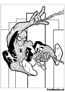 Spider-Man schwingt im Comic-Stil Ausmalbild