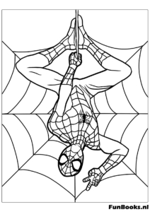 Pose classique de Spider-Man suspendu la tête en bas à sa toile d'araignée coloriage