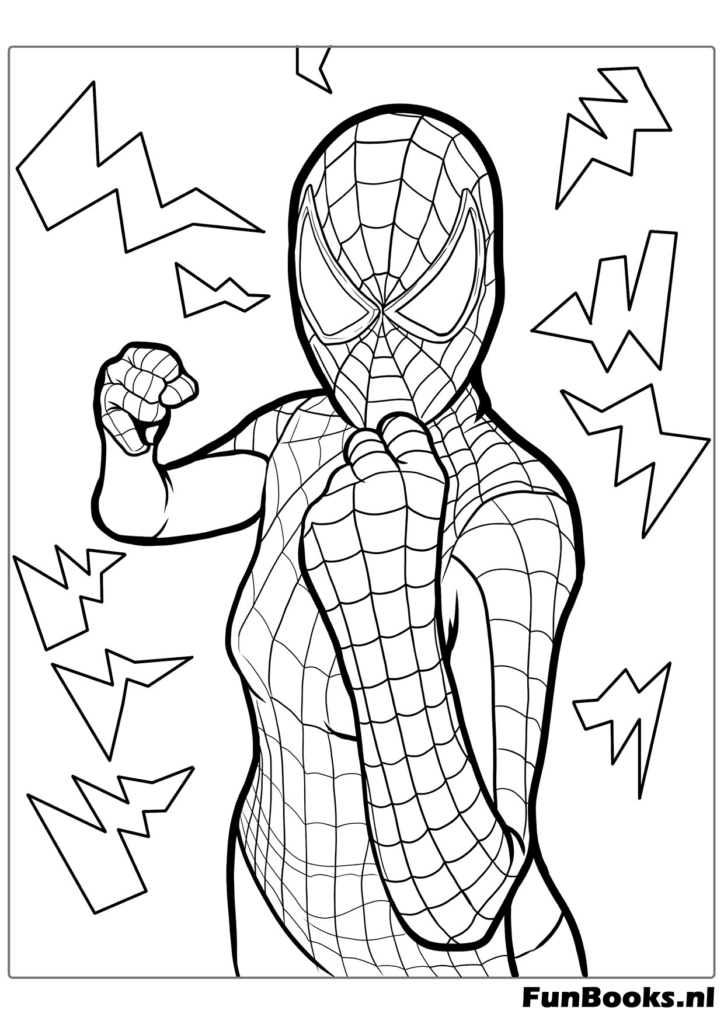 Superheroína Spider-Gwen de pie en una pose genial con fondo de rayos dibujo para colorear