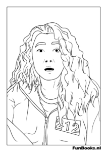 Detailliertes Porträt von Spielerin 067 Sae-byeok die intensiv mit lockigem Haar in ihrem Trainingsanzug aussieht Squid Game Ausmalbild