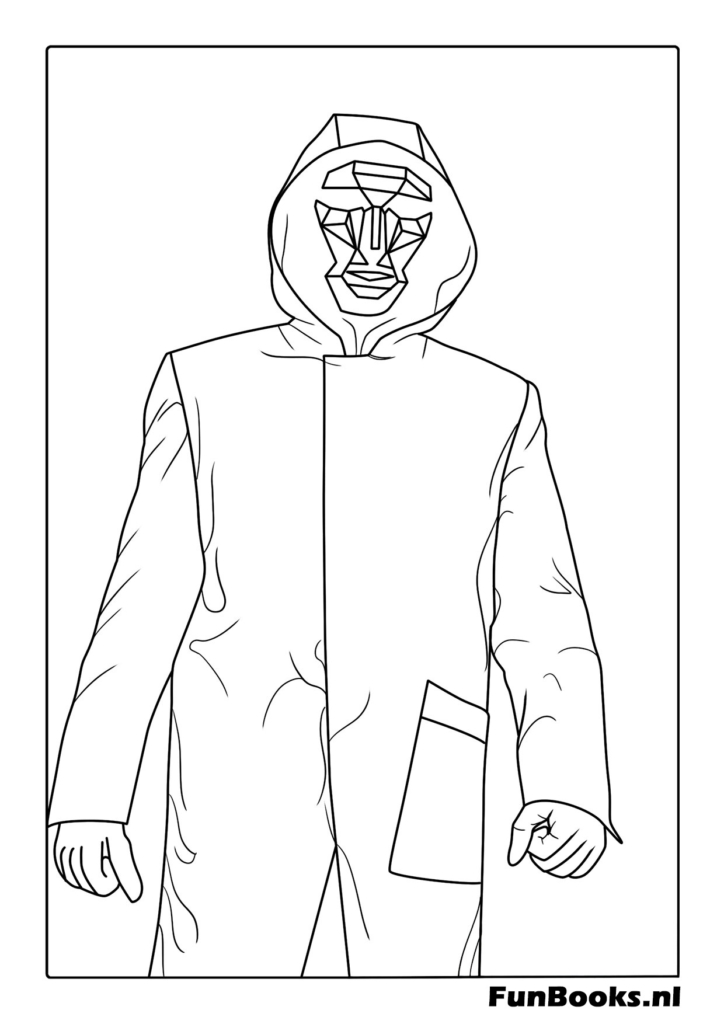 Ein Arbeiter-Wächter trägt einen roten Overall und eine schwarze Maske mit einem Kreissymbol und steht allein Squid Game Ausmalbild
