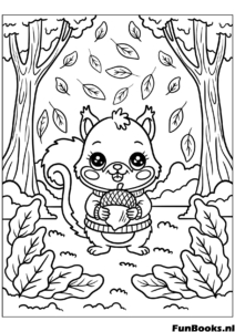 Cute squirrel holding a large acorn surrounded by falling leaves nature coloring page