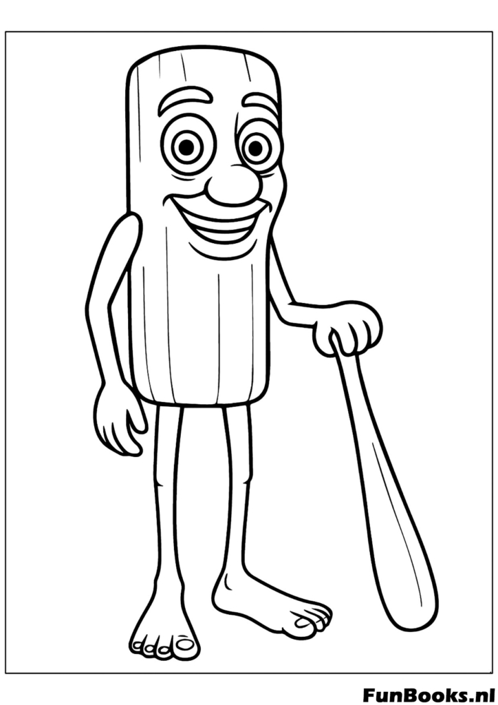 Classic standing pose of the Tung Tung Sahur bamboo character holding a bat coloring page