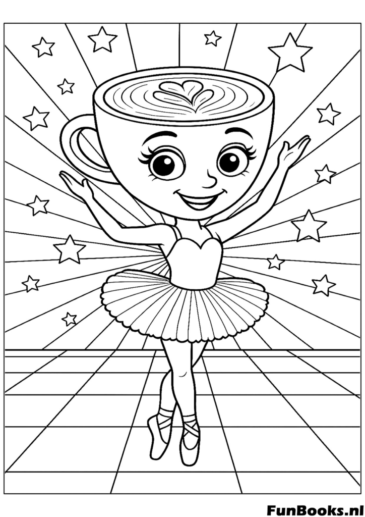 Berühmte Cappuccino Ballerina tritt auf einer Tanzfläche mit Sternenhintergrund auf Ausmalbild
