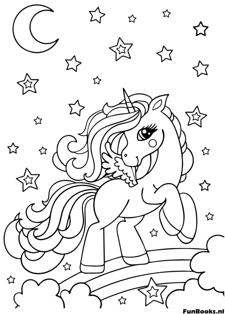 Dynamisches steigendes Einhorn mit langer Mähne vor einem Sternenhimmel und Regenbogen Ausmalbild