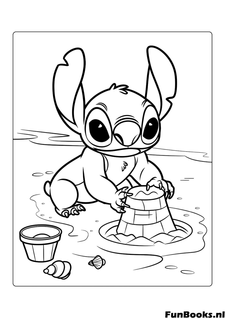 Disneys Stitch baut eine Sandburg am Strand süßes Charakter Ausmalbild