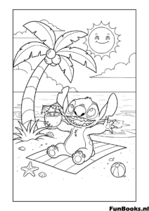 Stitch ontspant op een strandlaken onder een palmboom zomervakantie kleurplaat
