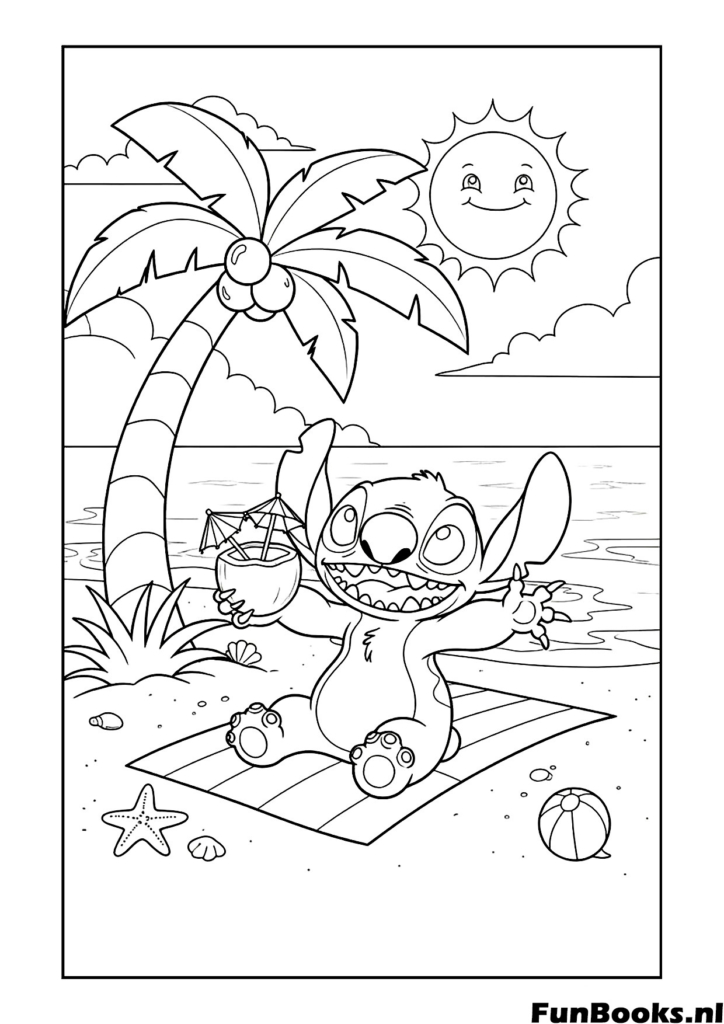 Stitch relajándose en una toalla de playa bajo una palmera vacaciones de verano dibujo para colorear