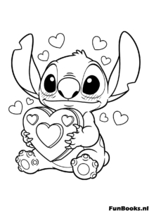 Stitch de Disney assis et faisant un câlin à un cœur décoré coloriage alien mignon