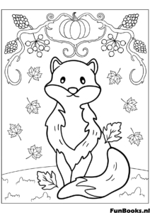 Lieber Fuchs sitzt ruhig umgeben von Herbstlaub Tier Ausmalbild