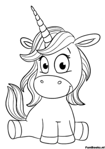 Entzückendes Baby Einhorn sitzt mit großen Augen und gestreiftem Horn Kawaii Stil Ausmalbild