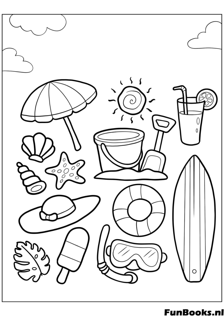 Collection of beach items including umbrella bucket surfboard and ice cream coloring page