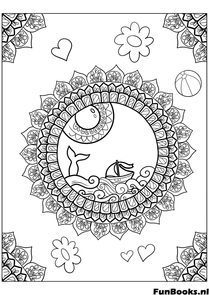 Detailed mandala with a sun in the center and summer flowers anti stress coloring page