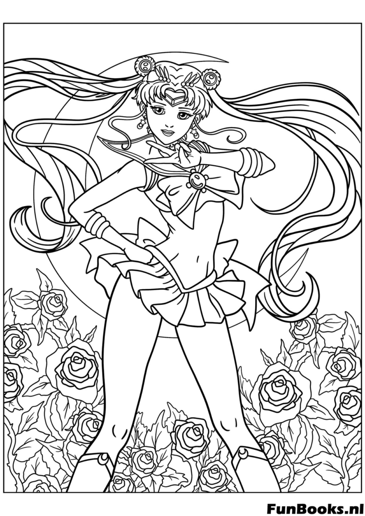 Super Sailor Moon posiert umgeben von wunderschönen Rosenblüten Hintergrund Ausmalbild