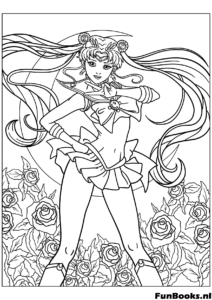 Super Sailor Moon poseert omringd door prachtige rozenbloemen achtergrond kleurplaat