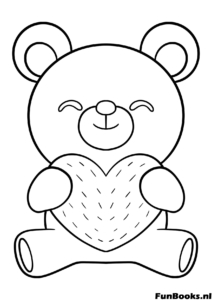 Klassischer Teddybär sitzt und hält ein texturiertes Herz Liebe Ausmalbild für Kleinkinder