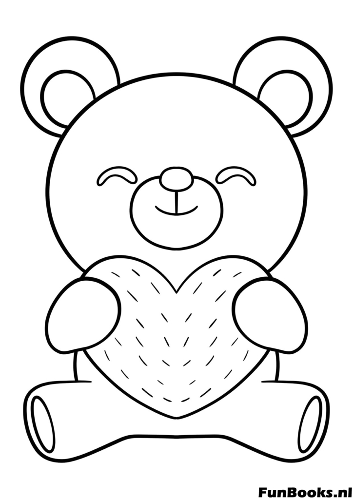 Klassischer Teddybär sitzt und hält ein texturiertes Herz Liebe Ausmalbild für Kleinkinder