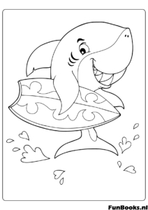 Tiburón genial surfeando en una gran ola sosteniendo una tabla de surf divertido animal dibujo para colorear