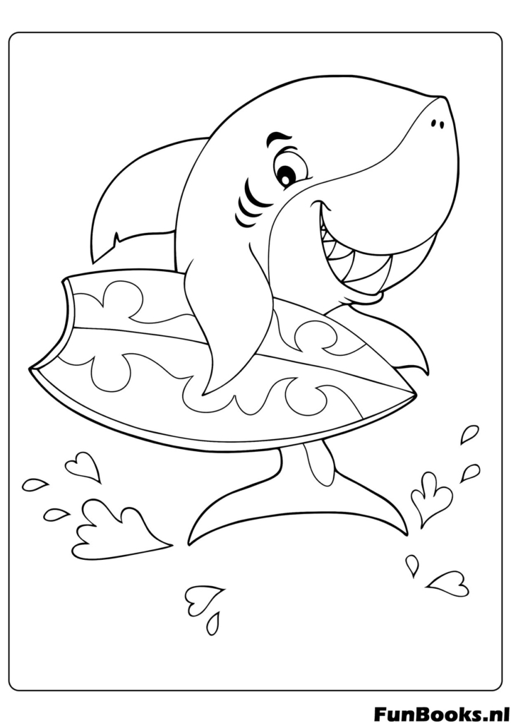 Tiburón genial surfeando en una gran ola sosteniendo una tabla de surf divertido animal dibujo para colorear