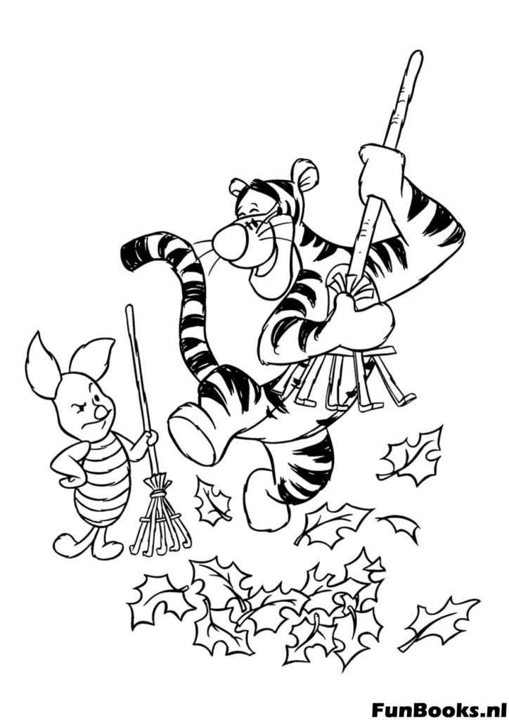 Tigger y Piglet trabajando juntos rastrillando hojas de otoño en el jardín tareas de otoño dibujo para colorear