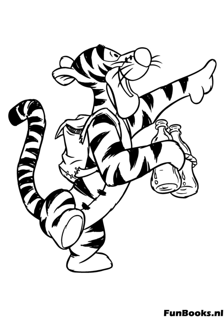 Tigger yendo de excursión con una mochila y bastón aventura de campamento al aire libre dibujo para colorear