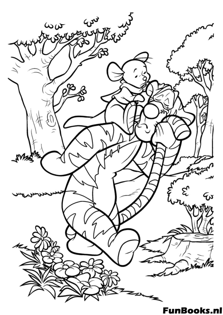 Starker Tigger trägt seine Freunde Ferkel und Ruh auf den Schultern durch den Hundert-Morgen-Wald Ausmalbild