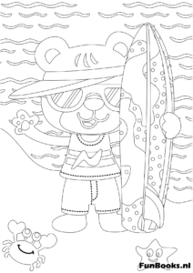 Tigre genial con gafas de sol de pie con una tabla de surf en la playa dibujo para colorear de verano